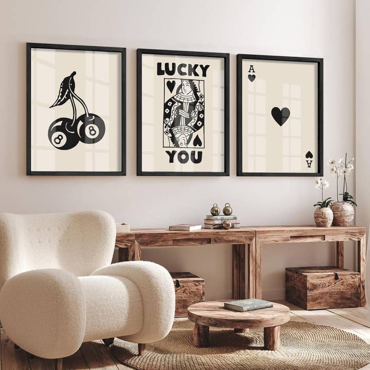 Black Framed Set of 3 Poker Wall Art Lucky You Poster, Trendy Retro Print Wall Decor for Queen of Hearts Wall Art Rustic Vintage Farmhouse Home Wall Decor(Black 12"X16") for wholesale on Faire