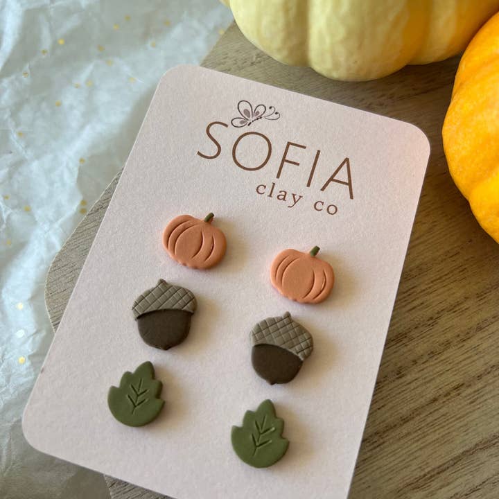 Sofia Clay Co. – wholesale Smycken – Fall Studs, Pumpa Studs, Acorn Studs, Leaf Studs, Lera örhängen, Handgjorda smycken, Fall Wear
