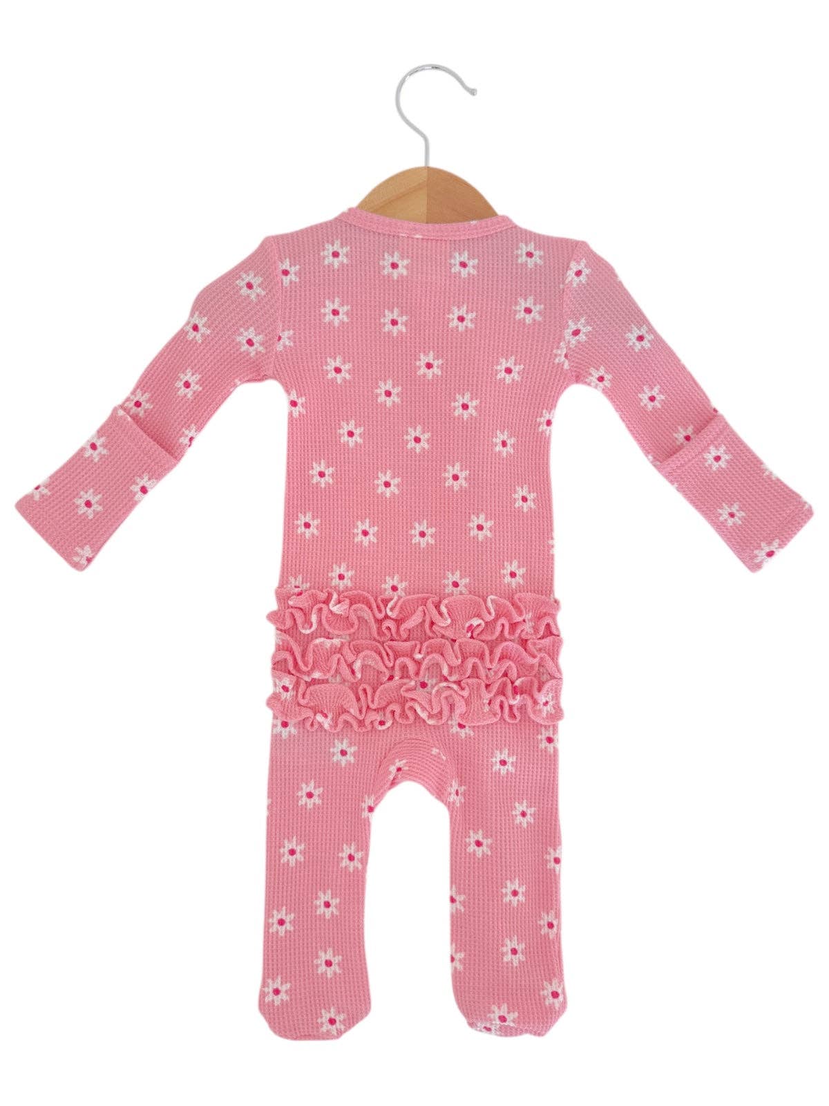 SpearmintLOVE - Wholesale Jumpsuit - Baby - Organic Waffle 2-Way Zip Ruffle Footie, Pink Flower4