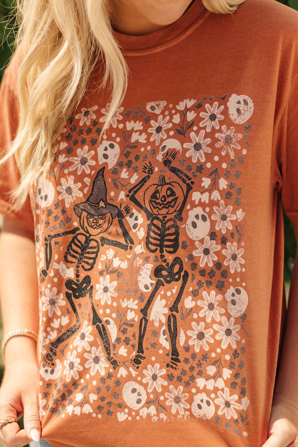 Whitney | Chaudoin Creations - Wholesale Screen Printed T-Shirt - Women's - Floral Skeleton Pumpkins Graphic Tee
