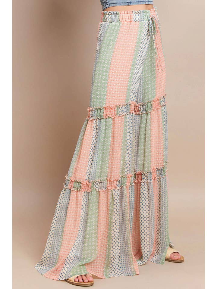 MULTI PANTALONI PALAZZO A STRATI IN CHIFFON CON STAMPA MULTIPLA 2373PE in vendita all'ingrosso su Faire