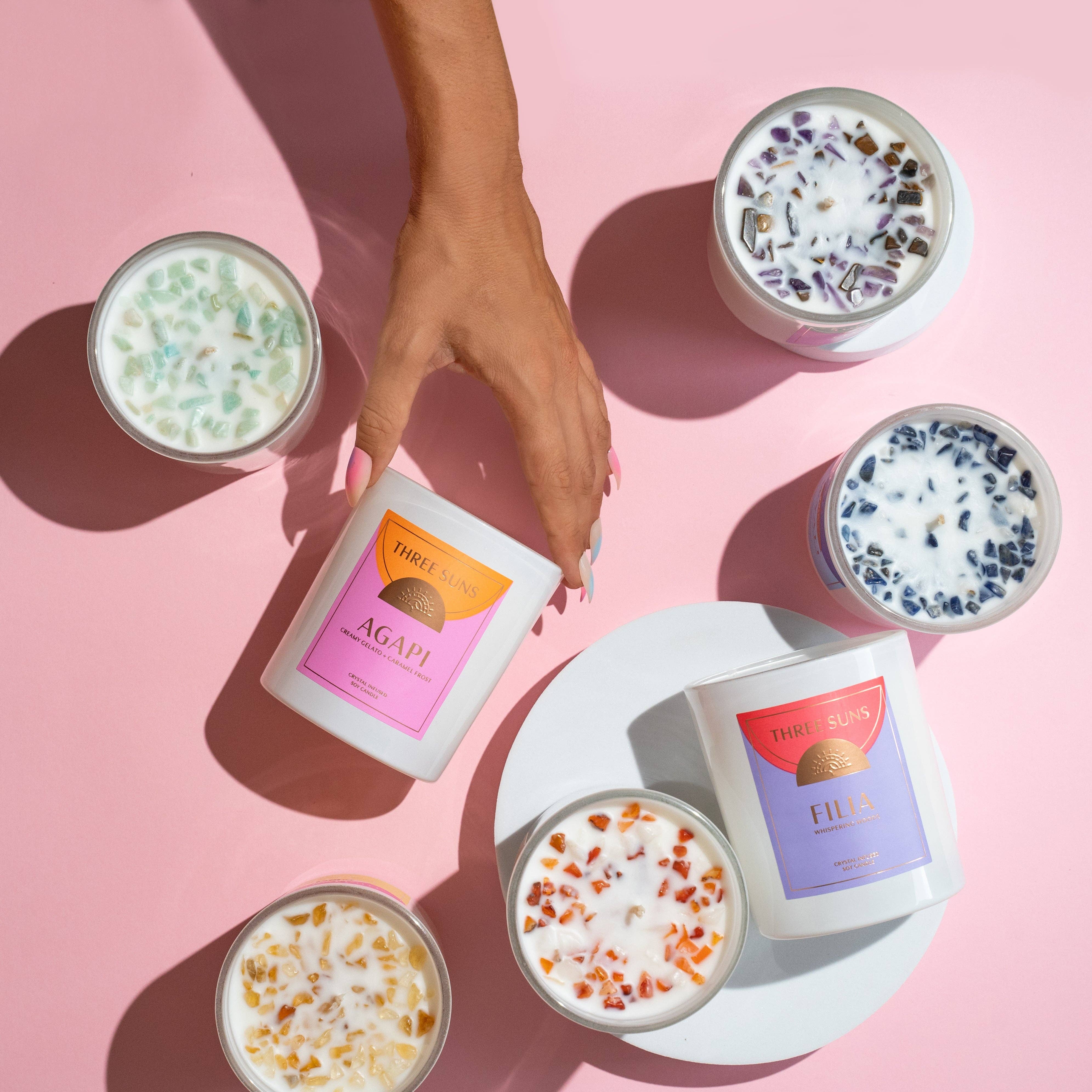 Three Suns - Wholesale Jar/filled candle - Agapi' | Crystal Infused Candle of Love | Creamy Vanilla Gelato & Caramel Frost3
