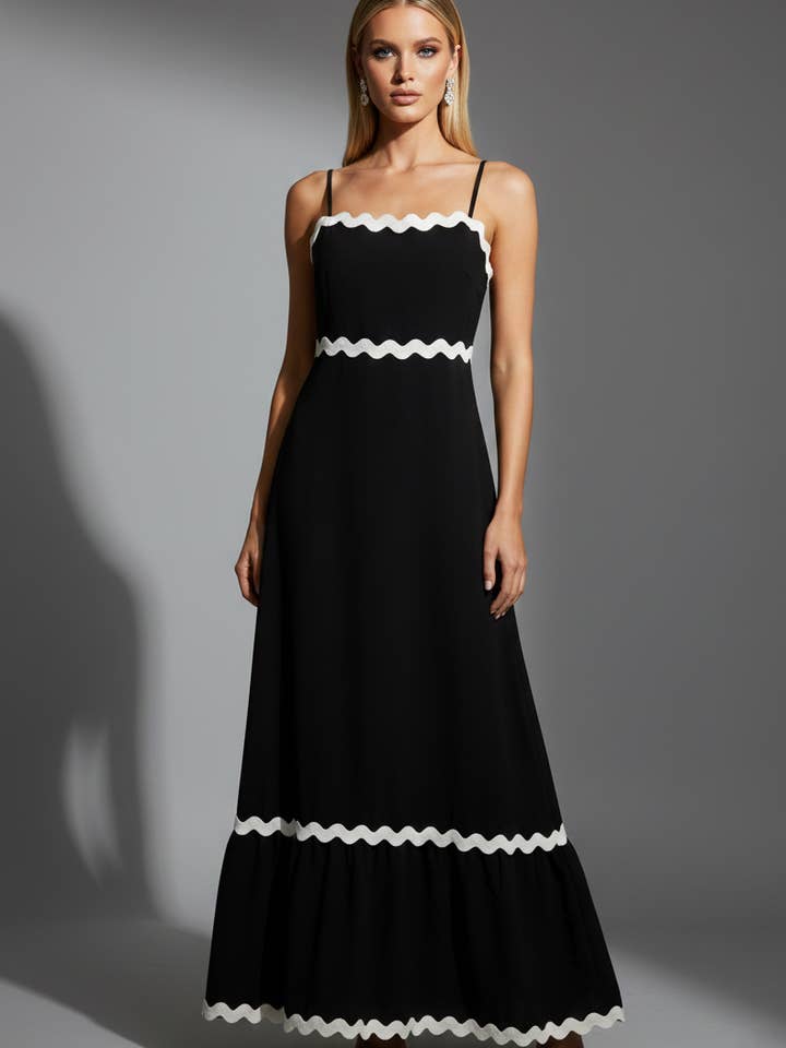 110 Black Maxi Dress with Contrast Scallop Trim for wholesale by LTX Sportswear