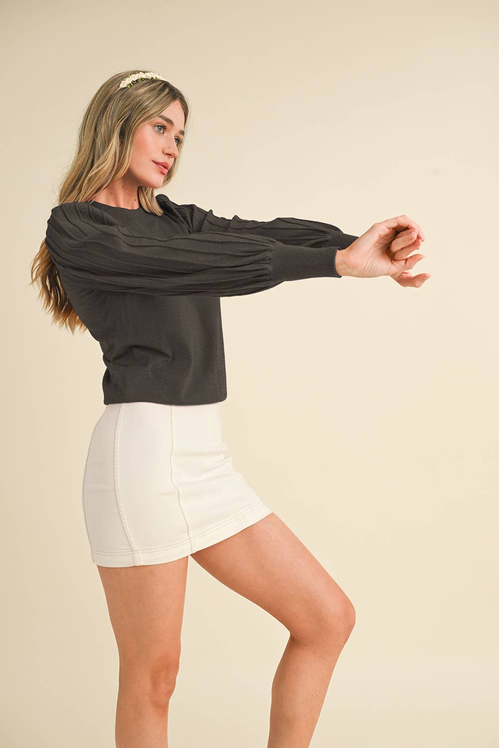 &MERCI - Wholesale Knit Sweater - Women's - STRIPE TEXTURE PUFF SLEEVE SWEATER MSW948537