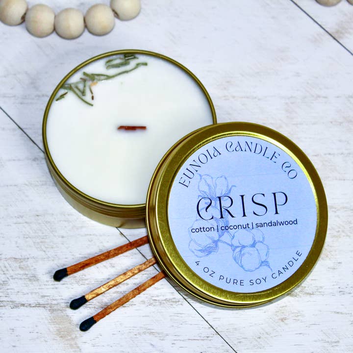 Crisp Soy Candle | 4 oz Gold Tin + Wood Wick for wholesale by Eunoia Candle Co.