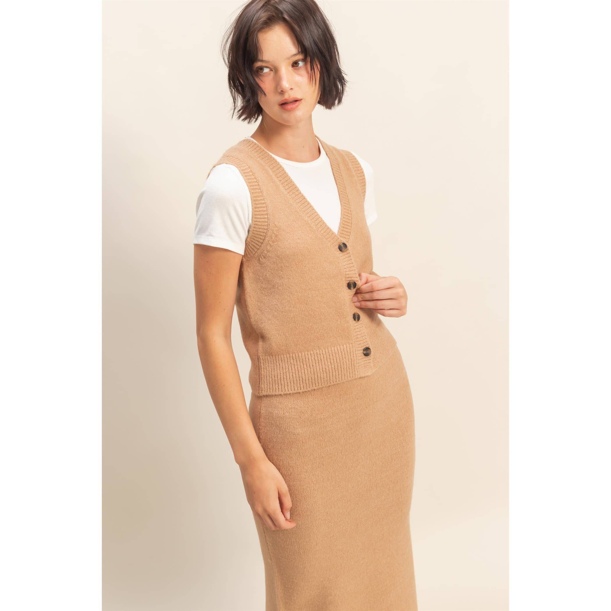 Double Zero - Wholesale Top & Skirt Set - Women's - Button Front Vest & Midi Skirt Knit Set20