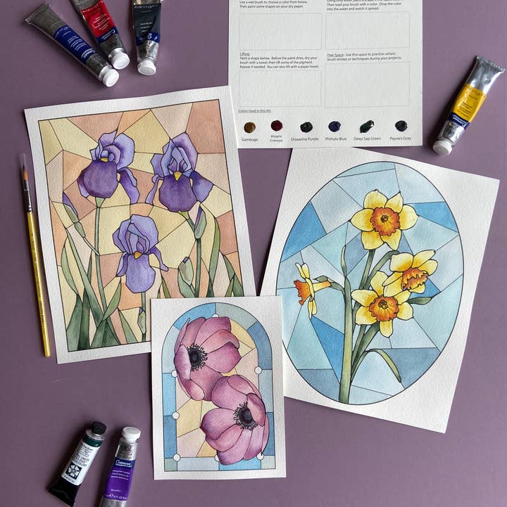 Emily Marie Watercolors - Wholesale DIY Craft Kit - Watercolor Painting Kit: Stained Glass Florals0