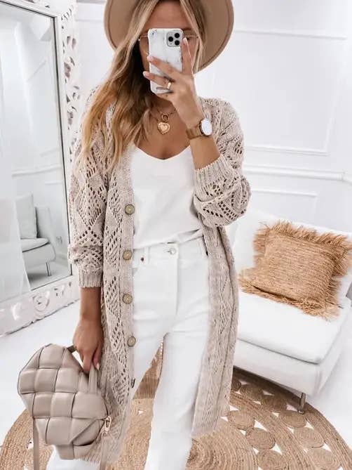 Lovesoft - Wholesale Cardigan - Women's - Khaki Hollow-out Openwork Knit Cardigan Sweater coat