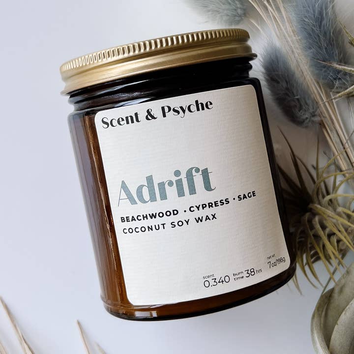 Bougie parfumée à la noix de coco/soja Adrift Wood Wick, 7 oz pour la vente par Scent & Psyche