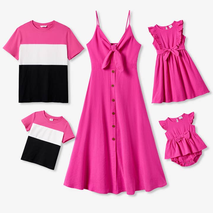 94% Cotton Family Matching Colorblock Tee & Pink Tie Dress for wholesale by PatPat Matching