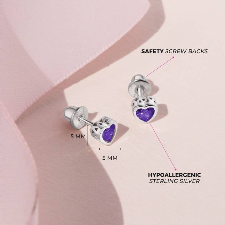In Season Jewelry - Wholesale Earrings - Kids - CZ Birthstone Heart Toddler Kids Earrings - Sterling Silver11