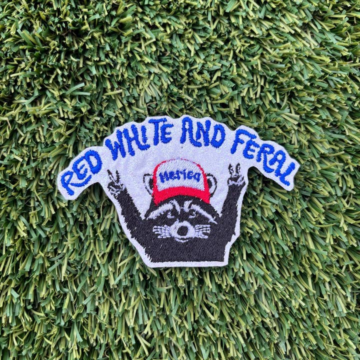 Eric Hill Designs, LLC - Wholesale Patch - Trendy Red White and Feral Raccoon Glitter Patch1