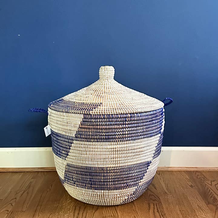 Mbare Home + Gift – wholesale Laundry hamper – Senegalese Hamper - Alternating Blue Stripe2