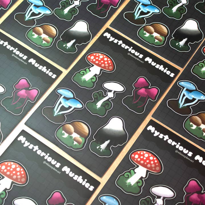 Mysterious Mushrooms Sticker Sheet for wholesale by Whimsydew Art