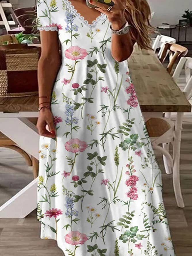 White Floral Print V Neck Lace Edge Maxi Dress ZK820 for wholesale on Faire0