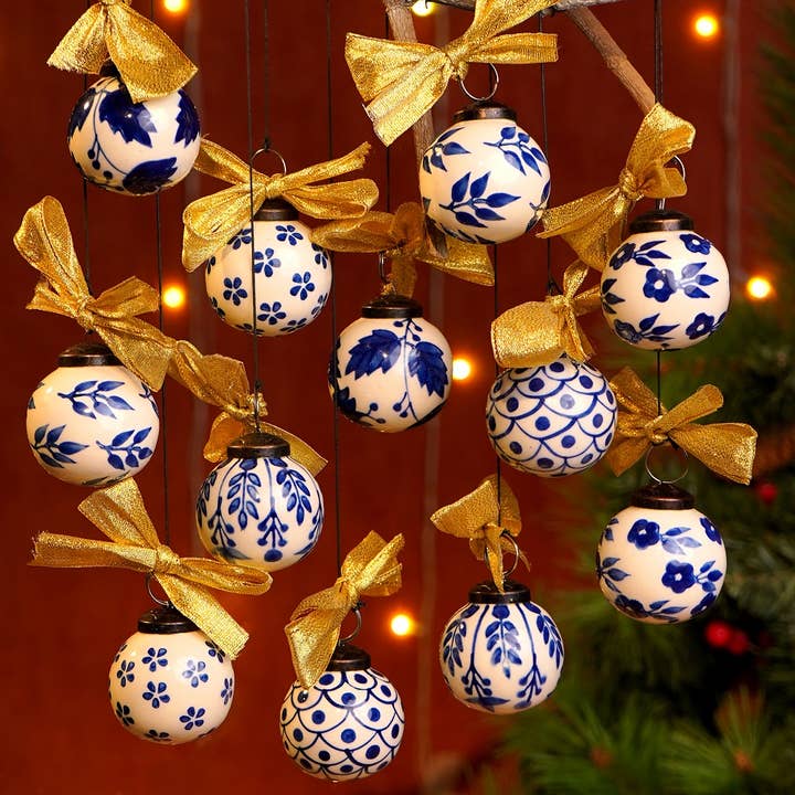 24 Ceramic Blue White Balls Christmas Ornaments for wholesale on Faire