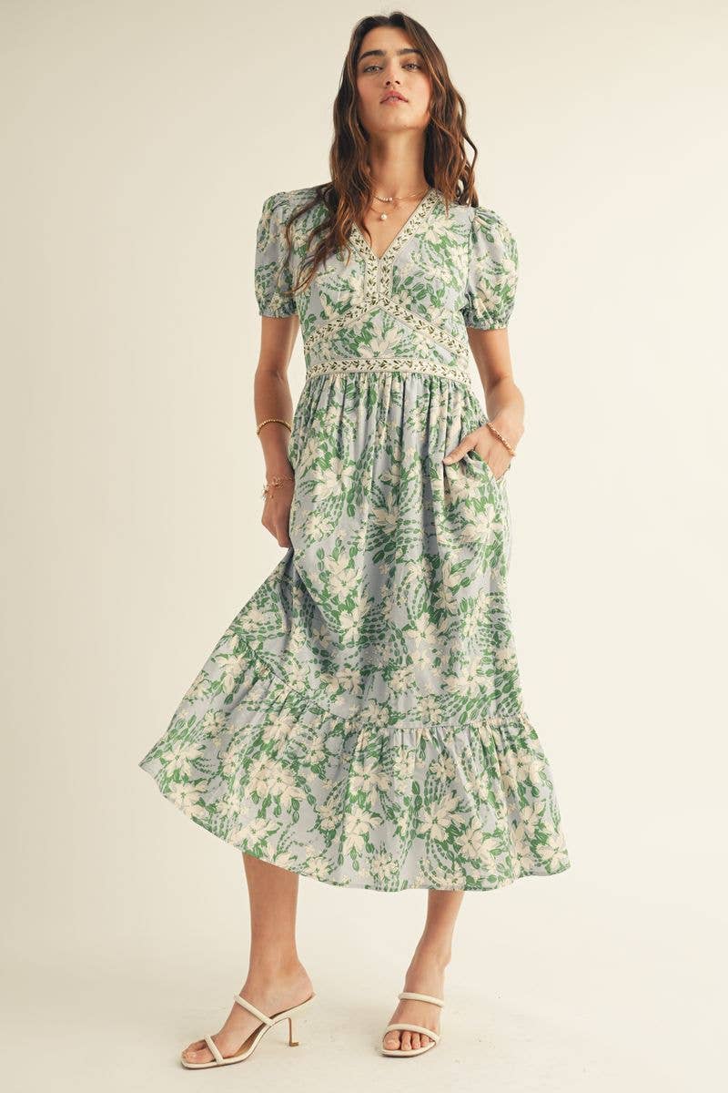 Azul Multi VESTIDO MIDI COM ESTAMPADO FLORAL, DECOTE EM V E BABADOS NA BAINHA para venda a revendedores na Faire8