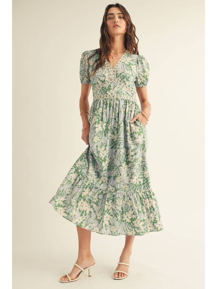 Blu Multi ABITO MIDI CON STAMPA FLOREALE, SCOLLO A V E BALZA SUL FONDO in vendita all'ingrosso su Faire8