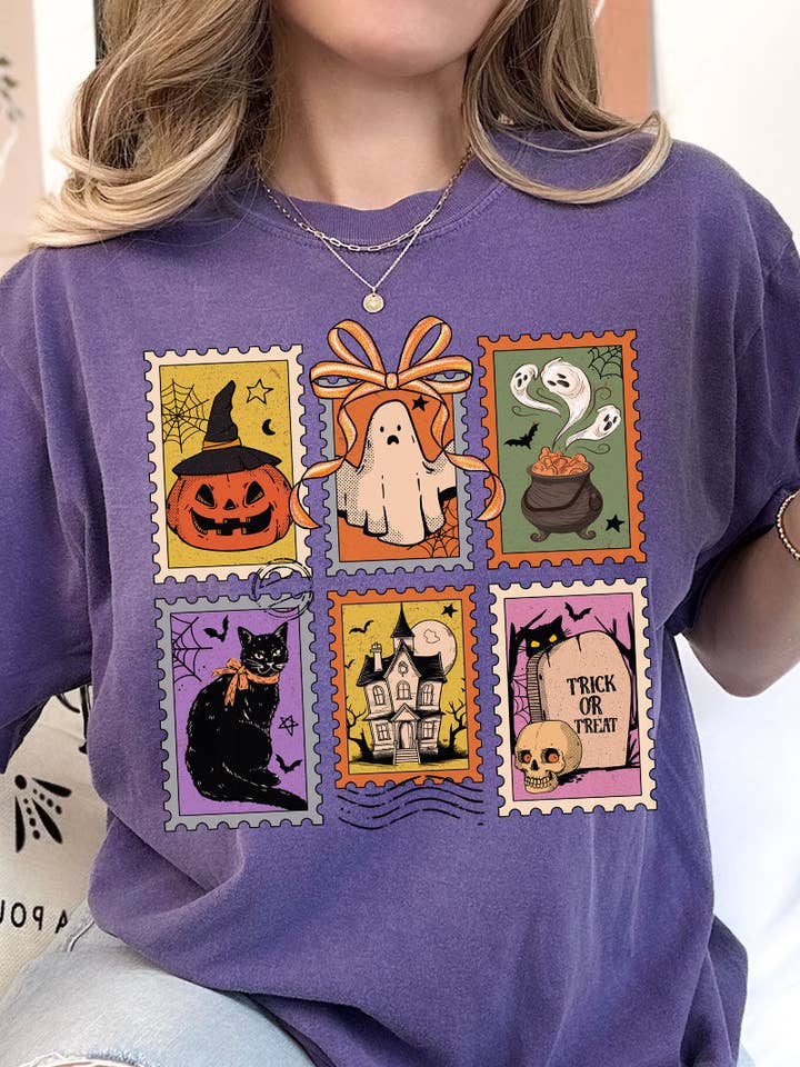 T-shirt en coton filé à l'anneau pour adulte avec timbres vintage d'Halloween Comfort Colors pour la vente par Wholesale Accessory Market