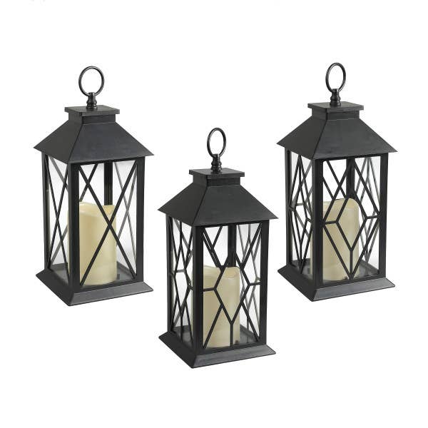The Gerson Companies - Wholesale Lantern - Gerson Black Plastic Lantern w/LED Candle & Glass Panes. --