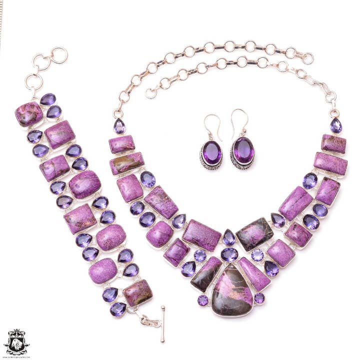 Sugilite Purpurite Amethyst Silver Earrings Bracelet Necklace Set SET1184 for wholesale by SARAH DESIGNS JEWELRY
