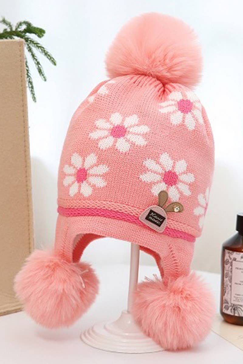 Cap Zone - Wholesale Beanie - Kids - Kids Daisy Flower Pom Pom Ear Flap Beanie1