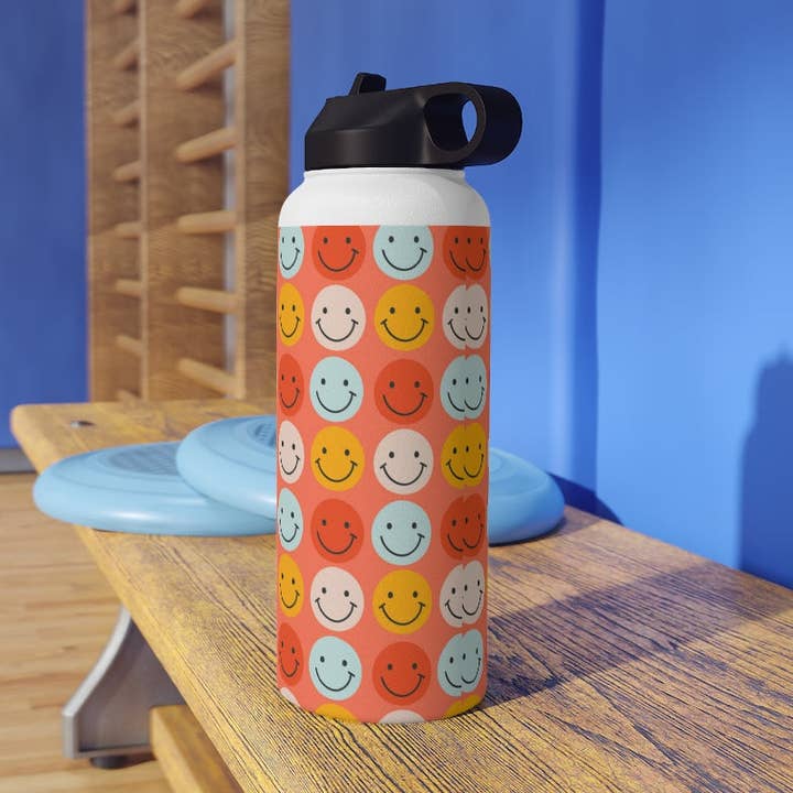 Hjärta Smiley Face Groovy Retro rostfritt stål vattenflaska, standardlock för wholesale av LimenDime Market