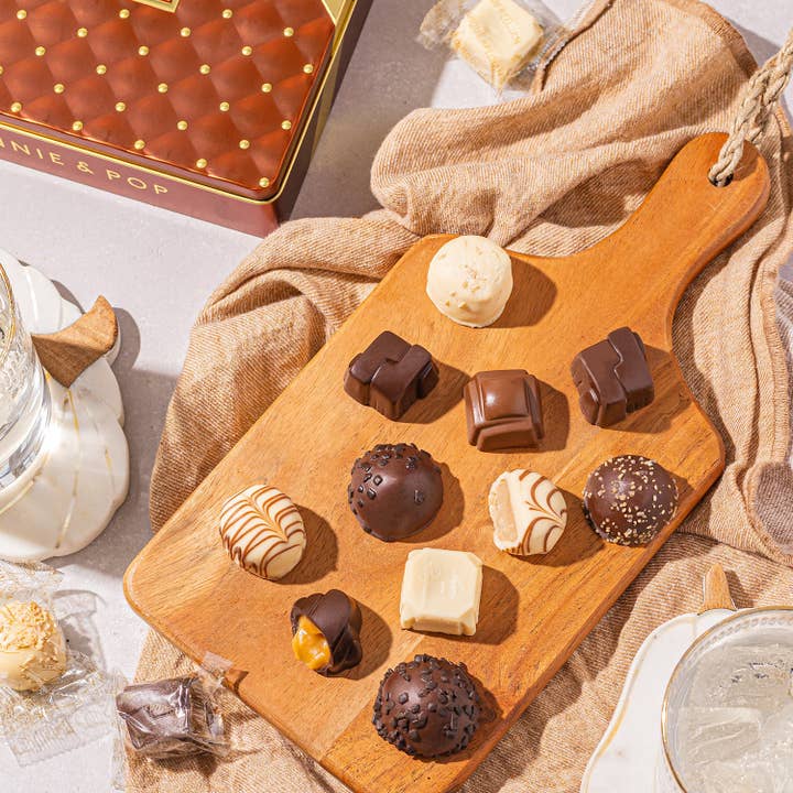 Bonnie & Pop - Wholesale Chocolate Box - Gourmet Chocolate Gift Box – Elegant Bow Tin with Belgian Truffles- Copper3