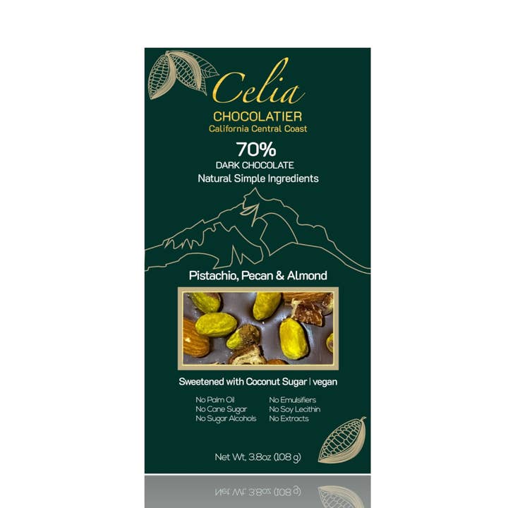 70% Dark Chocolate Bar | Pistachios, Pecans, Almonds  for wholesale by CELIA CHOCOLATIER