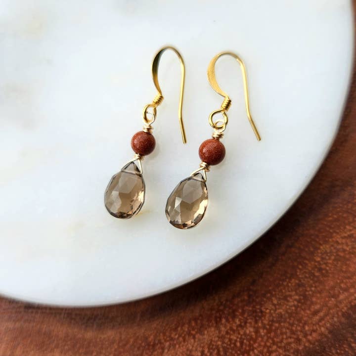 Smoky Quartz and Goldstone Gold Plated Earrings for wholesale by Edgy Petal Jewelry
