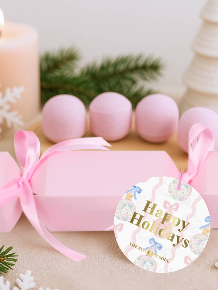 Happy Holidays Christmas Cracker Floral Bath Bomb Gift for wholesale by The Sun & My Soul Bath Bomb Soak Wellness Gifts