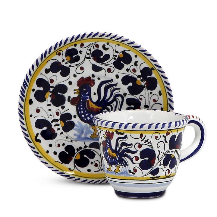 ORVIETO BLUE ROOSTER: Espresso cup and Saucer for wholesale by Artistica - Deruta of Italy