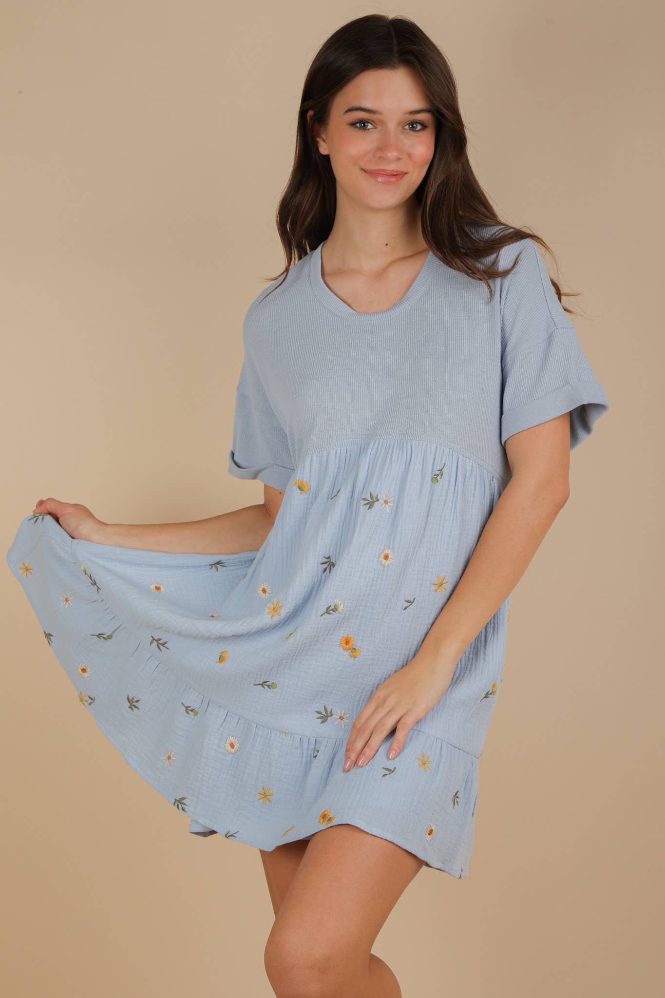 VERY J - Wholesale Dress - Women's - ND31718-Oversized Floral Embroidered Knit Mini Dress11