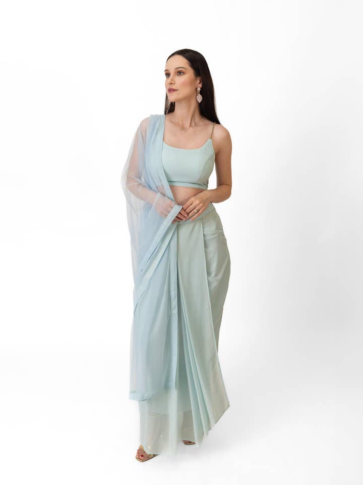 Kiya Sky Blue Shimmer Drape Skirt Set for wholesale by Raas