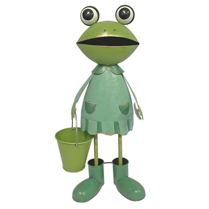 Green Metal Frog Statue Holding Bucket for wholesale by Continental Art Center