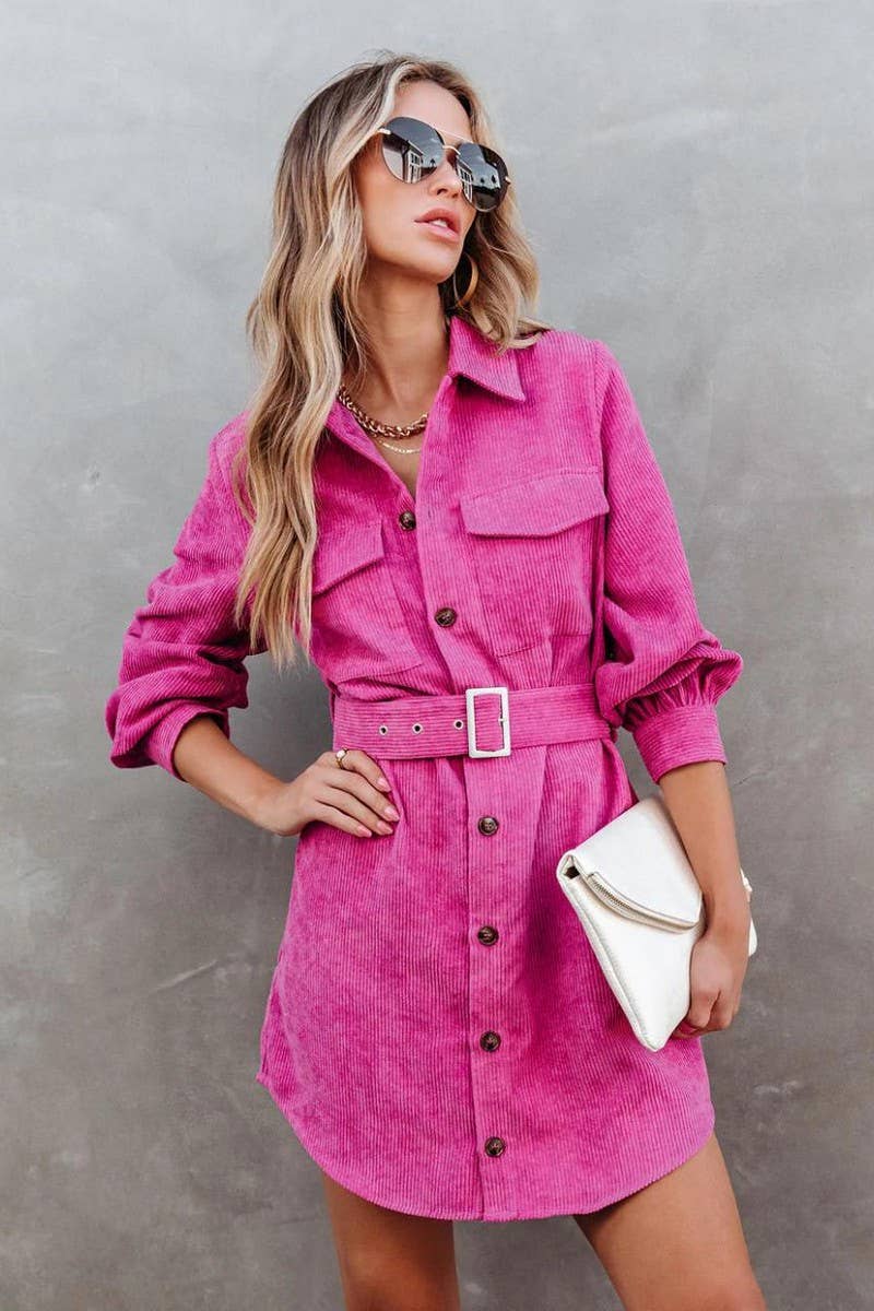 Lily Clothing - Wholesale Dress - Women's - WOMEN BUTTON DOWN CORDUROY BELTED SHORT DRESS_CWDSD17483