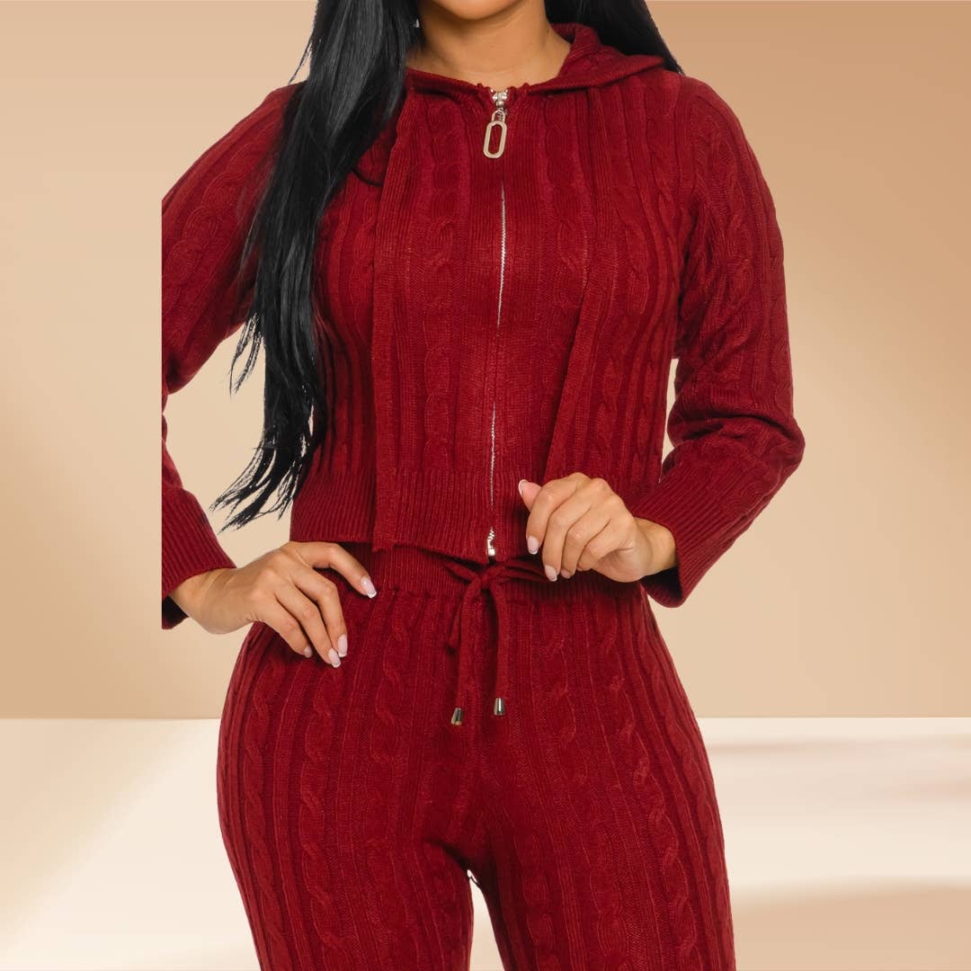 Celystrends - Wholesale Lounge Set - Women's - Cable Knit Pants Set Hooded Sweater14