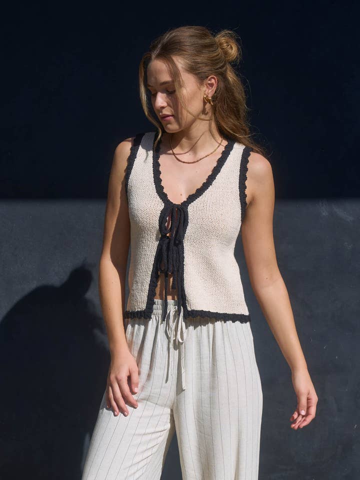 NATURAL CONTRAST SCALLOP TRIM DOUBLE FRONT TIE KNIT VEST for wholesale on Faire