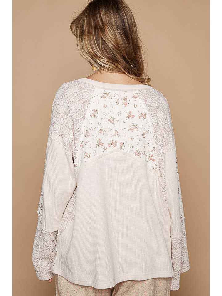 Pol Clothing - Wholesale Knit Top - Women's - Long sleeve contrast flower thermal knit top SALE