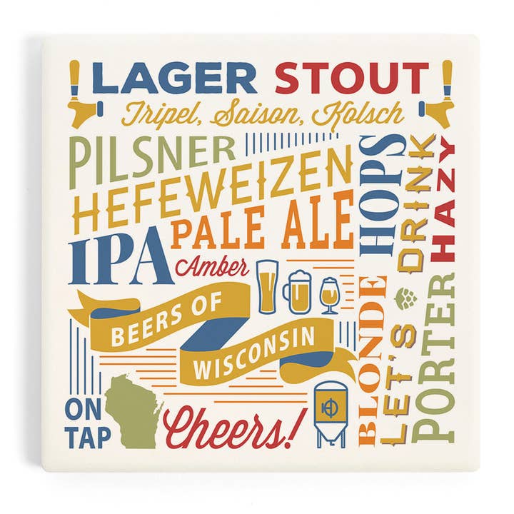 CERAMIC COASTER Beers of Wisconsin, Typography for wholesale by Lantern Press
