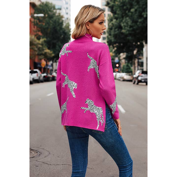 FUCHSIA Leopard Turtleneck Drop Shoulder Knit Sweater for wholesale on Faire4