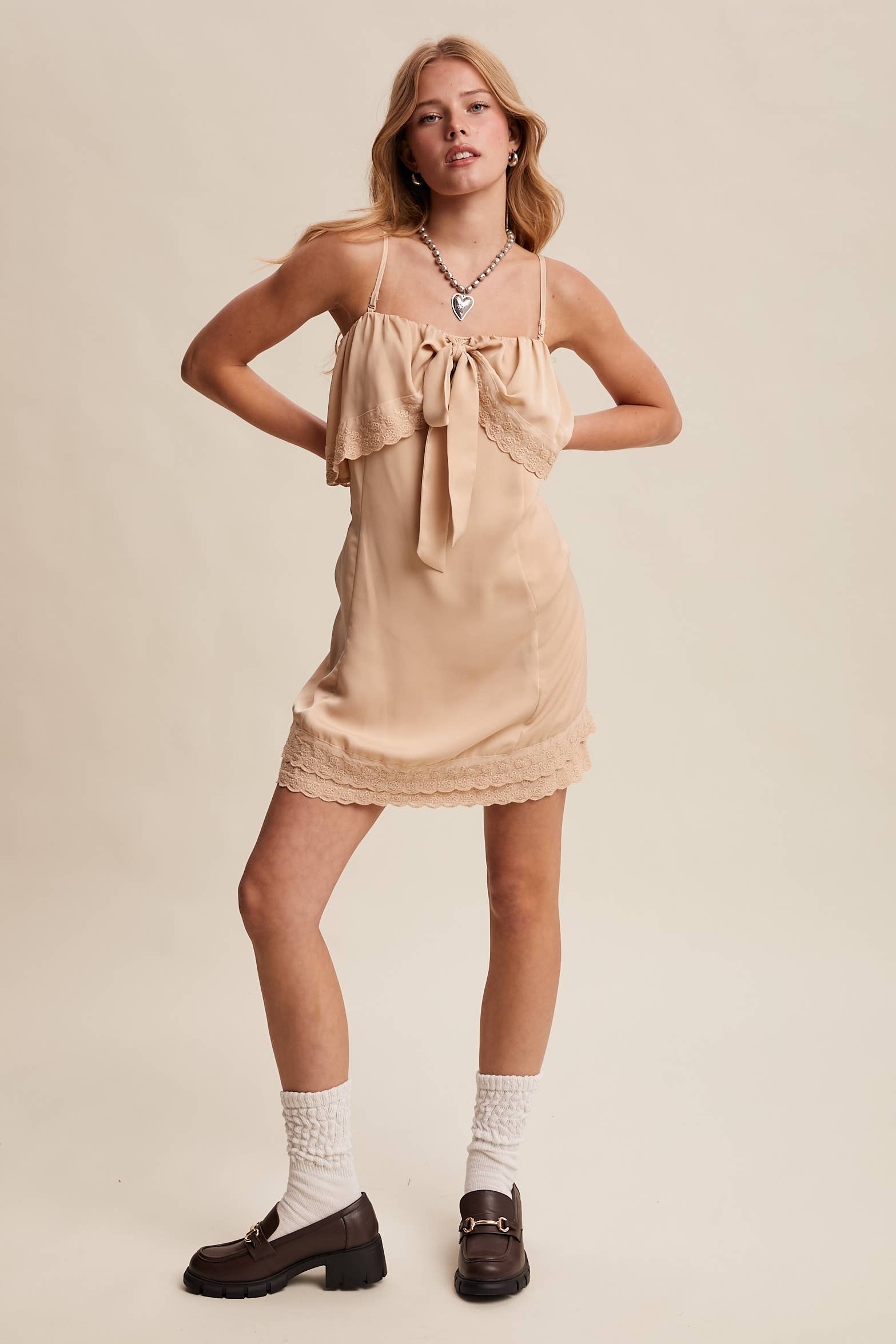 Listicle - Wholesale Dress - Women's - Bow Front Lace Trim Mini Dress LD10639