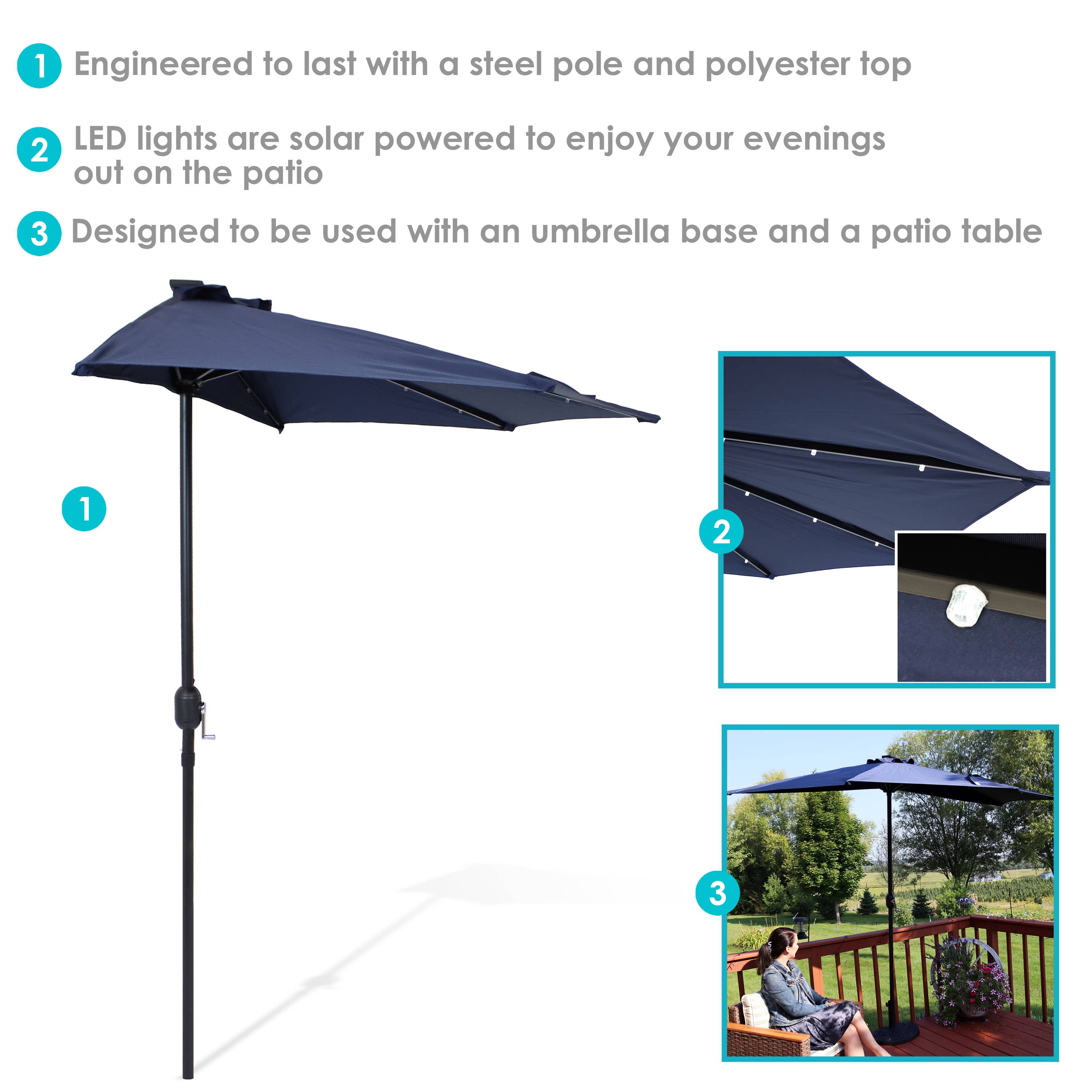 Sunnydaze Decor - Wholesale Patio Umbrella - 9 ft Solar Steel Half Patio Umbrella with Crank - Navy Blue2