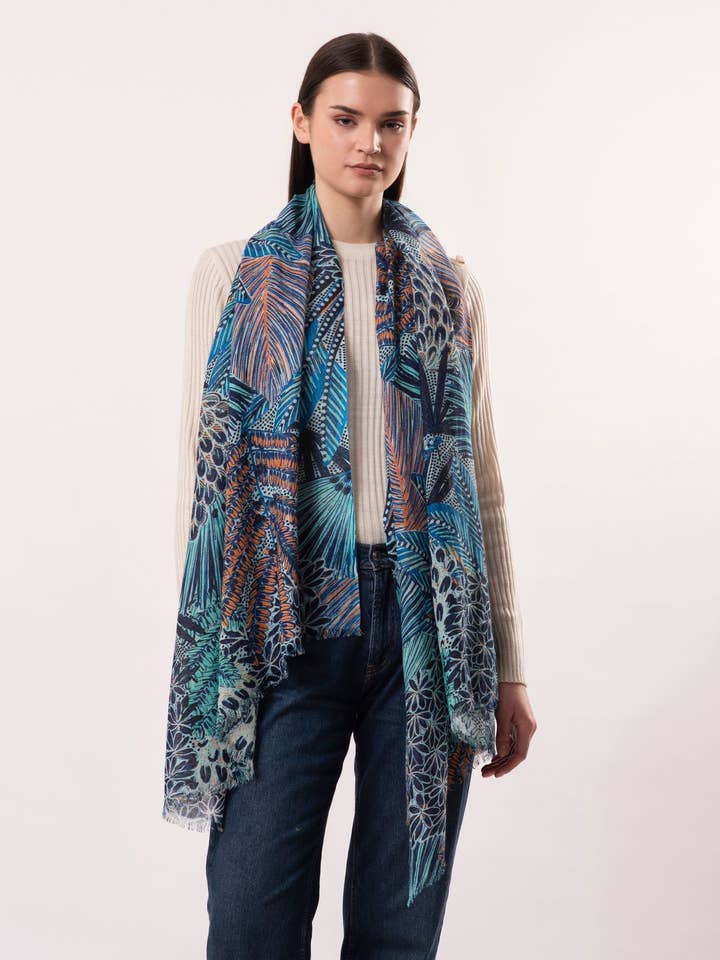 DLUX Miagi Wool Modal Scarf, Botanical Print (70x180cm) for wholesale by DLUX Scarves