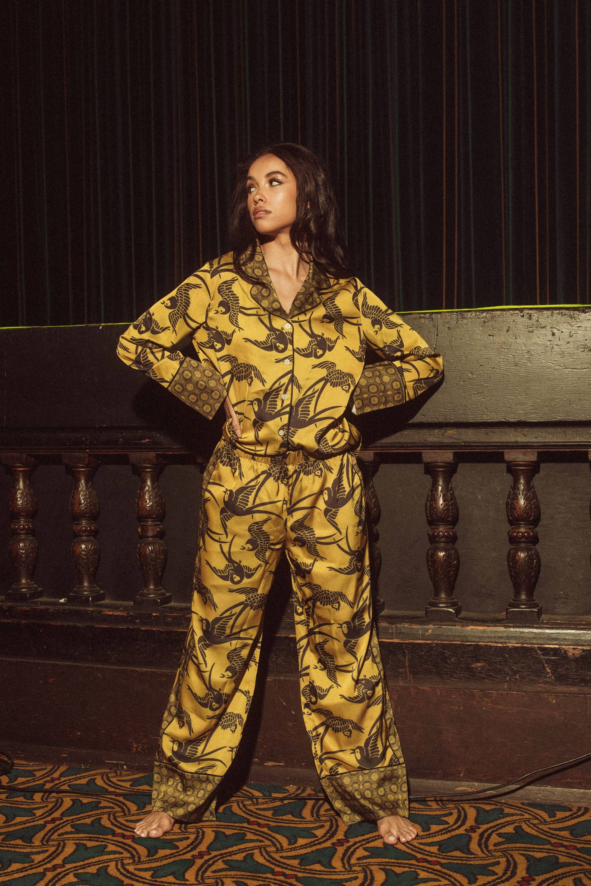 GOLD KILO BRAVA SATIN COLLECTION- ANTIQUE SWALLOWS- LONG PJ SET for wholesale on Faire2