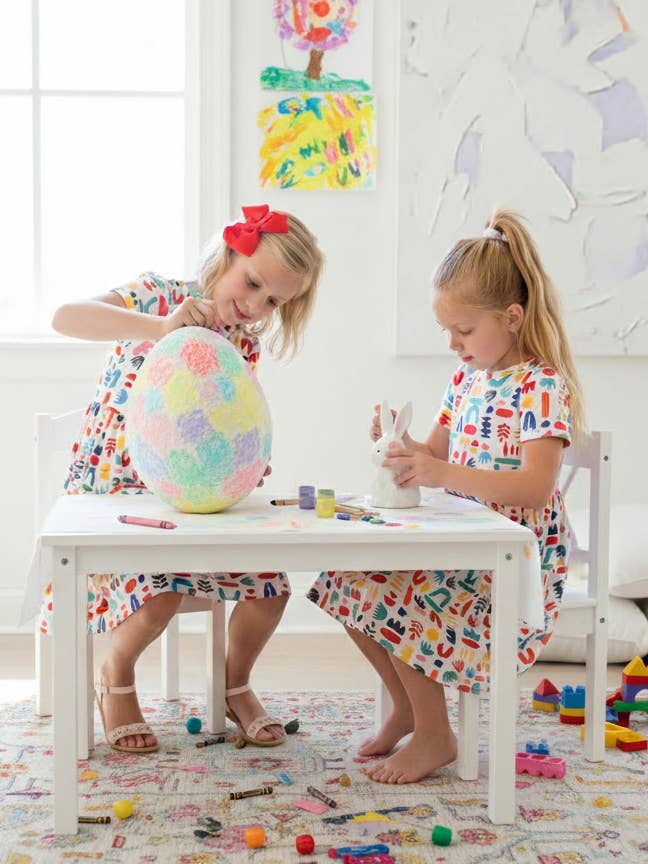 Minna - Wholesale Dress - Kids - Short Sleeve Jersey Twirl Dress - Colorful Retro Shapes12