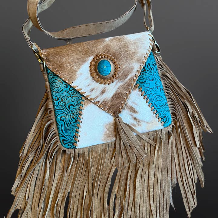 Westrian International - Wholesale Crossbody Bag - Women's - Western Long Fringe Cowhide Turquoise Tooled Handbag