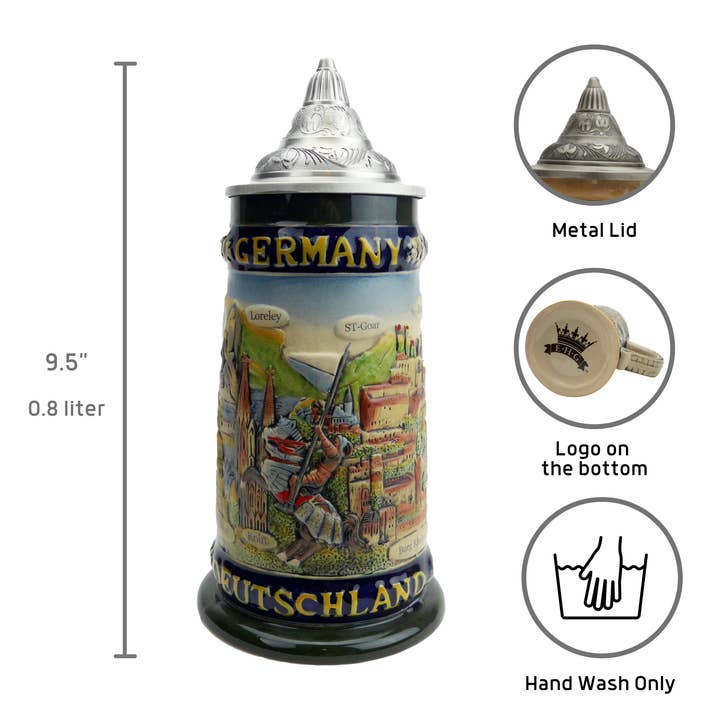 European Heritage Gifts - Wholesale Beer Glass/Mug - Legends of Germany Collectible German Beer Stein with Metal