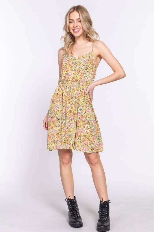 Active Basic | Active USA - Wholesale Dress - Women's - Round Neck Waist Shirring Floral Printed Woven3