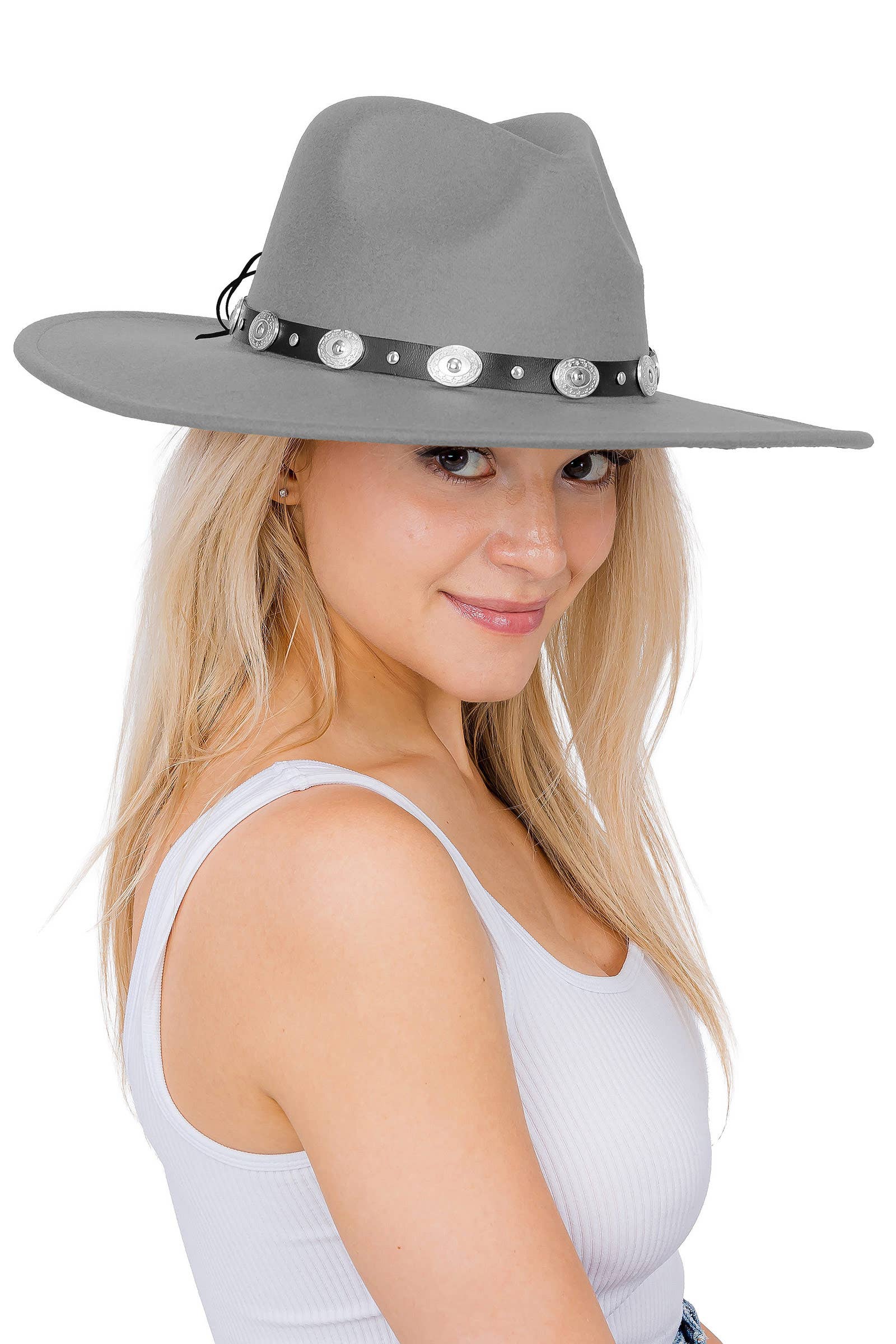 Cap Zone – wholesale Fedora – Women’s – Concho Belt Wide Flat Brim Felt Rancher Hat4